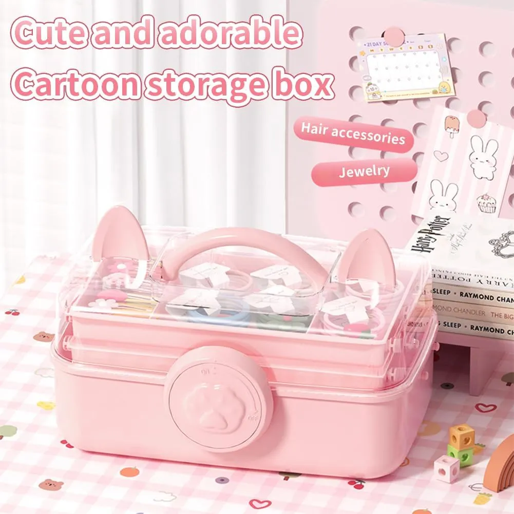 Cute Hair Accessories Organizer 3-Layers Kids Jewelry Storage Box Plastic Hair Accessories holder for Girls (Pink-Cat)