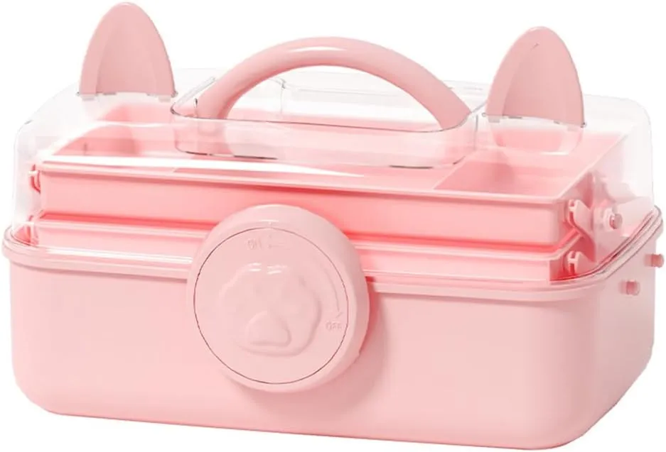 Cute Hair Accessories Organizer 3-Layers Kids Jewelry Storage Box Plastic Hair Accessories holder for Girls (Pink-Cat)