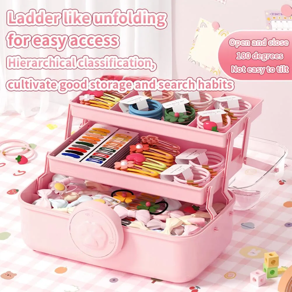 Cute Hair Accessories Organizer 3-Layers Kids Jewelry Storage Box Plastic Hair Accessories holder for Girls (Pink-Cat)