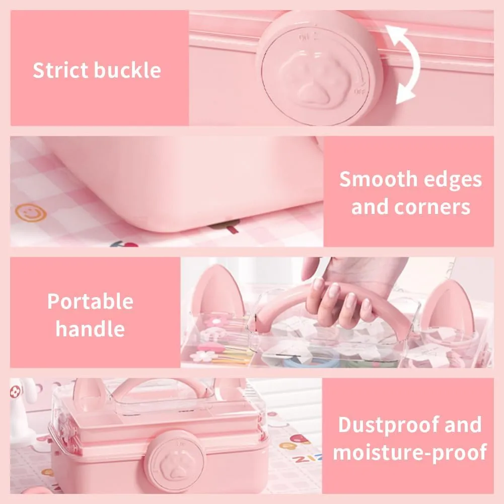 Cute Hair Accessories Organizer 3-Layers Kids Jewelry Storage Box Plastic Hair Accessories holder for Girls (Pink-Cat)