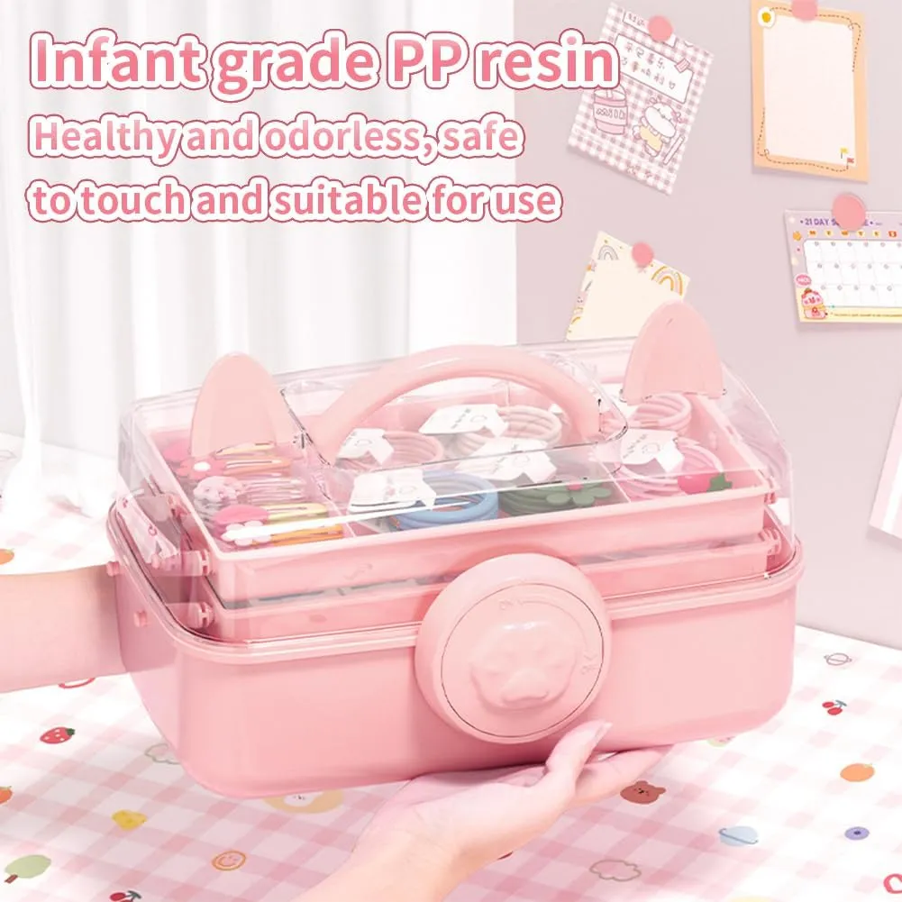 Cute Hair Accessories Organizer 3-Layers Kids Jewelry Storage Box Plastic Hair Accessories holder for Girls (Pink-Cat)