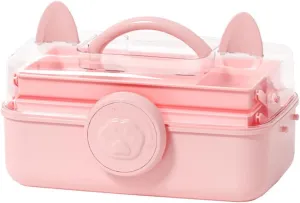 Cute Hair Accessories Organizer 3-Layers Kids Jewelry Storage Box Plastic Hair Accessories holder for Girls (Pink-Cat)