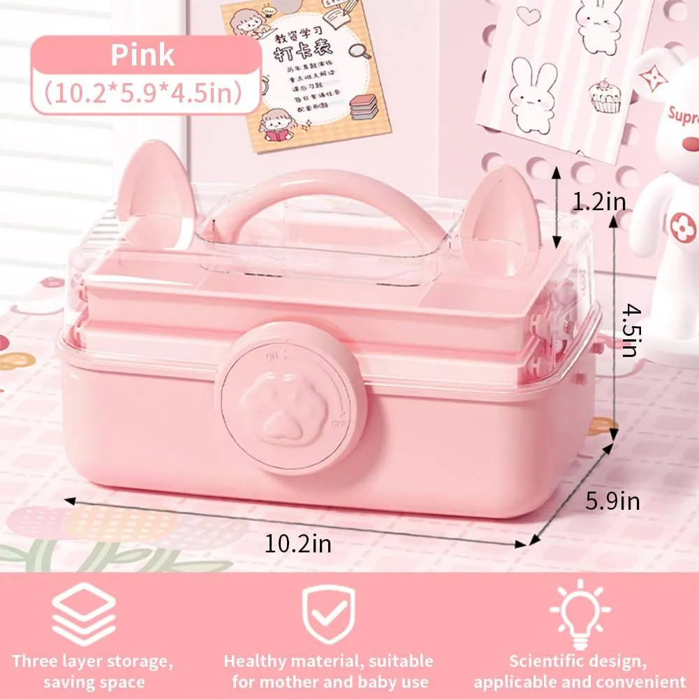 Cute Hair Accessories Organizer 3-Layers Kids Jewelry Storage Box Plastic Hair Accessories holder for Girls (Pink-Cat)