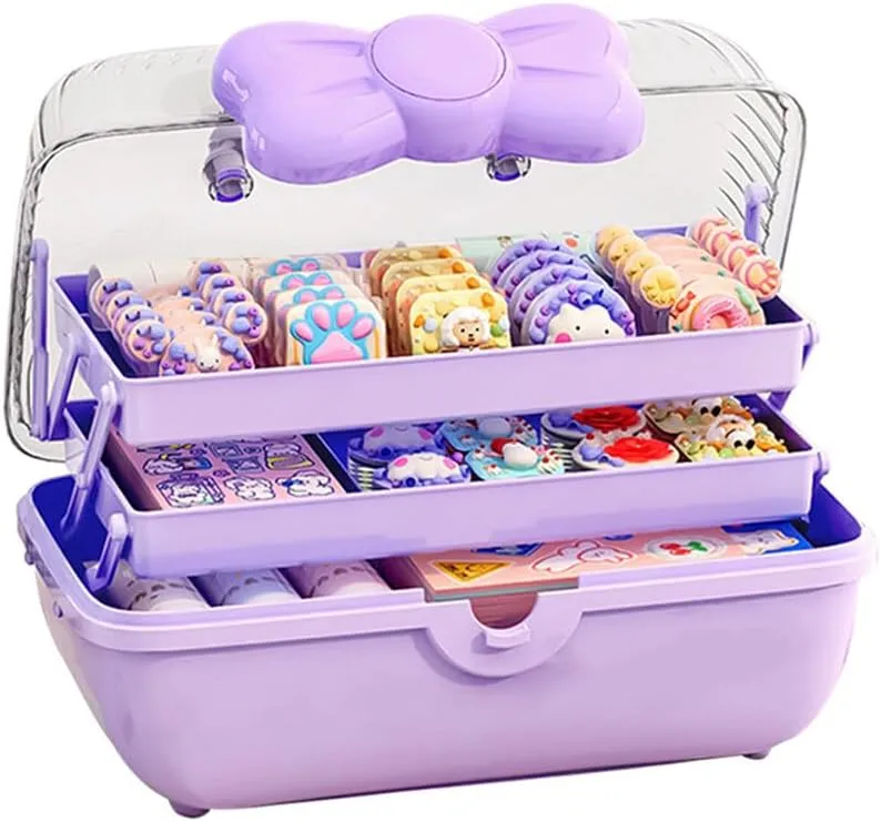 Cute Hair Accessories Organizer 3-Layers Kids Jewelry Storage Box Plastic Hair Accessories holder for Girls (Purple, 10.8 x 5.7 x 5.9 Inch)