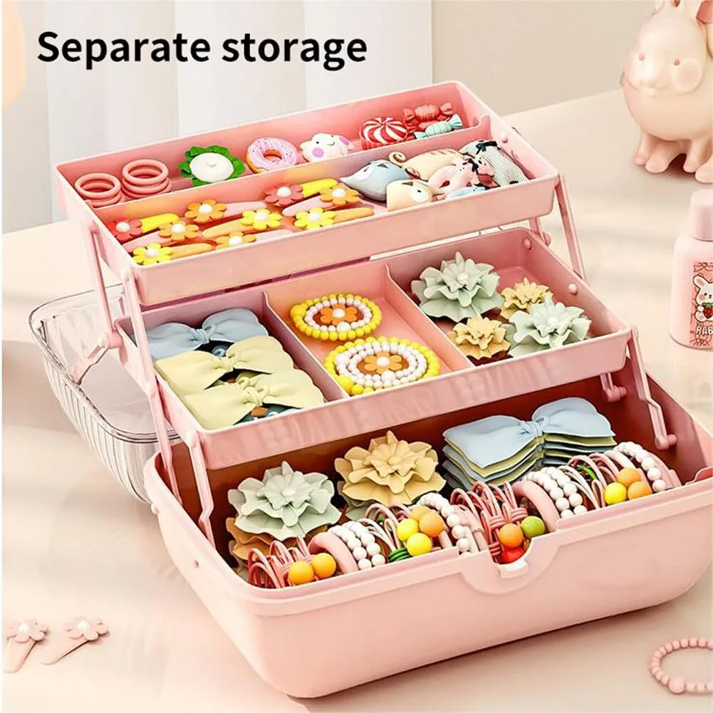 Cute Hair Accessories Organizer 3-Layers Kids Jewelry Storage Box Plastic Hair Accessories holder for Girls (Purple, 10.8 x 5.7 x 5.9 Inch)