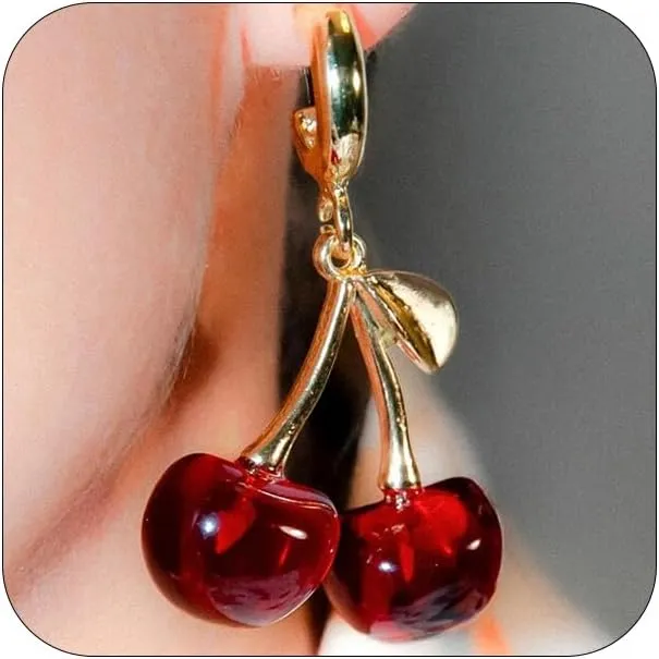 Cute Red Cherry Fruit Earrings for Women Dainty, Statement Gold Leaf Cherrys Drop Dangly Hoop Earring Charm Aesthetic Minimalist Party Jewelry Gift