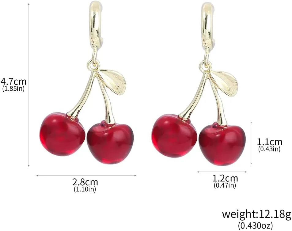 Cute Red Cherry Fruit Earrings for Women Dainty, Statement Gold Leaf Cherrys Drop Dangly Hoop Earring Charm Aesthetic Minimalist Party Jewelry Gift