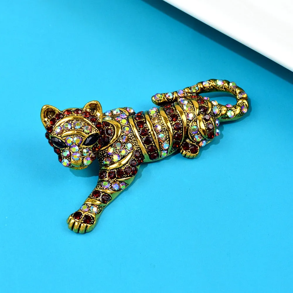 Cute Tiger Brooches For Men Vivid Wild Animal Leopard Rhinestone Pins Brooch Coat Jewelry