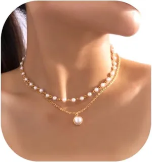Dainty Pearl Necklace and Earring Set Pearl Jewelry Set for Women 14K Gold Plated Adjustable Pearl Choker Necklace Bracelet Pearl Drop Earrings Dainty Wedding Pearl Jewelry (layered pearl necklace)