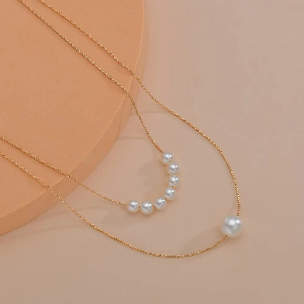 Dainty Pearl Necklaces for Women,14K Gold Plated Handmade Tiny Pearl Choker Collar Necklace Baroque Pearl Pendant Necklace White Pearl Jewelry (Double pearl chain-gold)