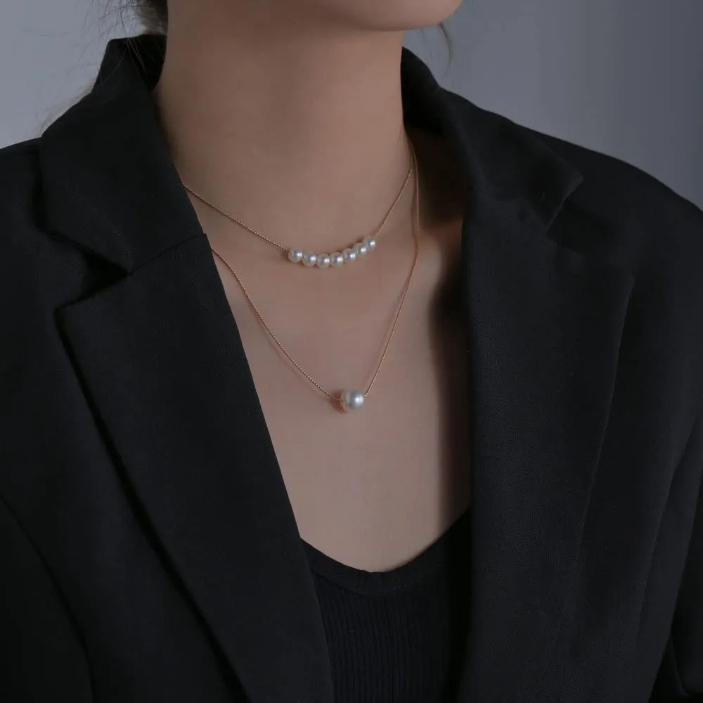Dainty Pearl Necklaces for Women,14K Gold Plated Handmade Tiny Pearl Choker Collar Necklace Baroque Pearl Pendant Necklace White Pearl Jewelry (Double pearl chain-gold)