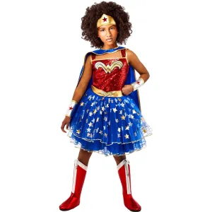 DC Wonder Woman Costume for Kids, Red and Blue Dress with Cape