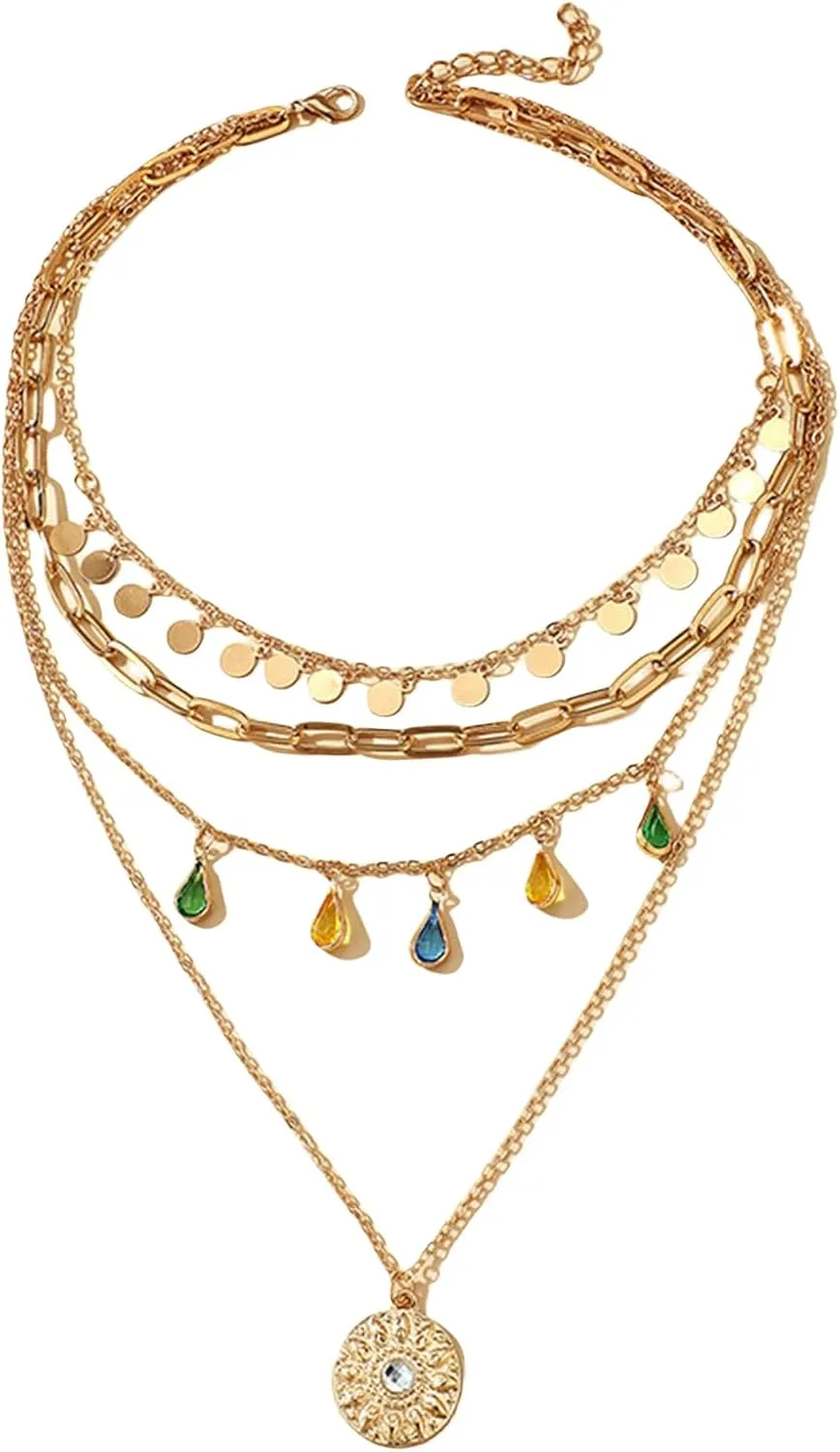 Dcfywl731 Layered Necklace for Women Dainty Herringbone Necklaces Crystal Beaded Necklace Gold Chain Choker Necklace Jewelry Gift