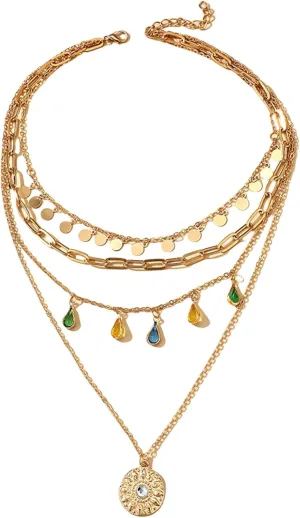 Dcfywl731 Layered Necklace for Women Dainty Herringbone Necklaces Crystal Beaded Necklace Gold Chain Choker Necklace Jewelry Gift