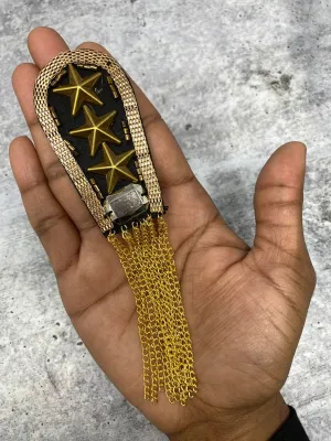 Decorative 3-Star "Gold" Shoulder Brooch Set, Beaded Rivet, and Chain, Designer Epaulette for Blazers, Jackets, & Stylish Accessories