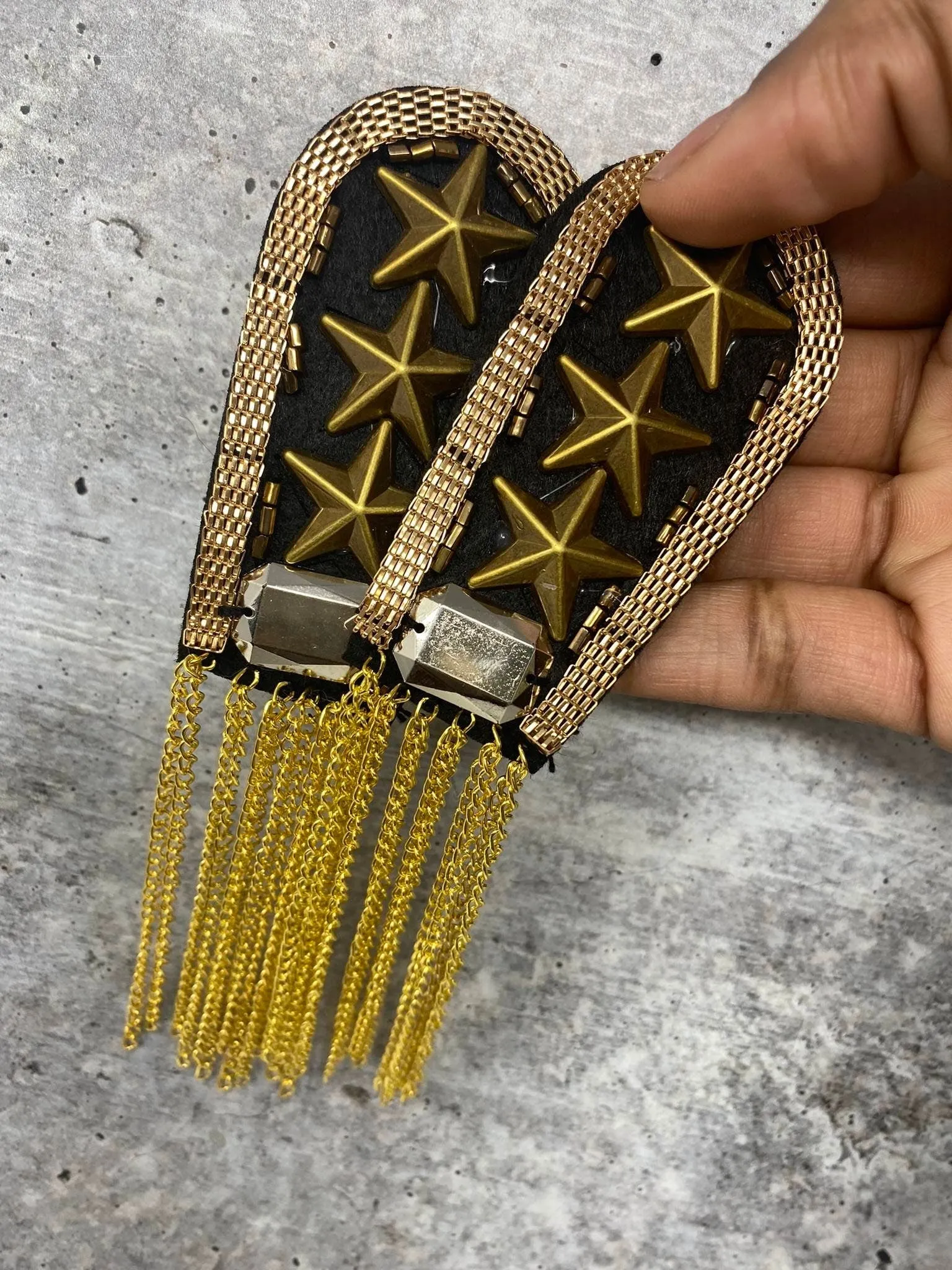 Decorative 3-Star "Gold" Shoulder Brooch Set, Beaded Rivet, and Chain, Designer Epaulette for Blazers, Jackets, & Stylish Accessories