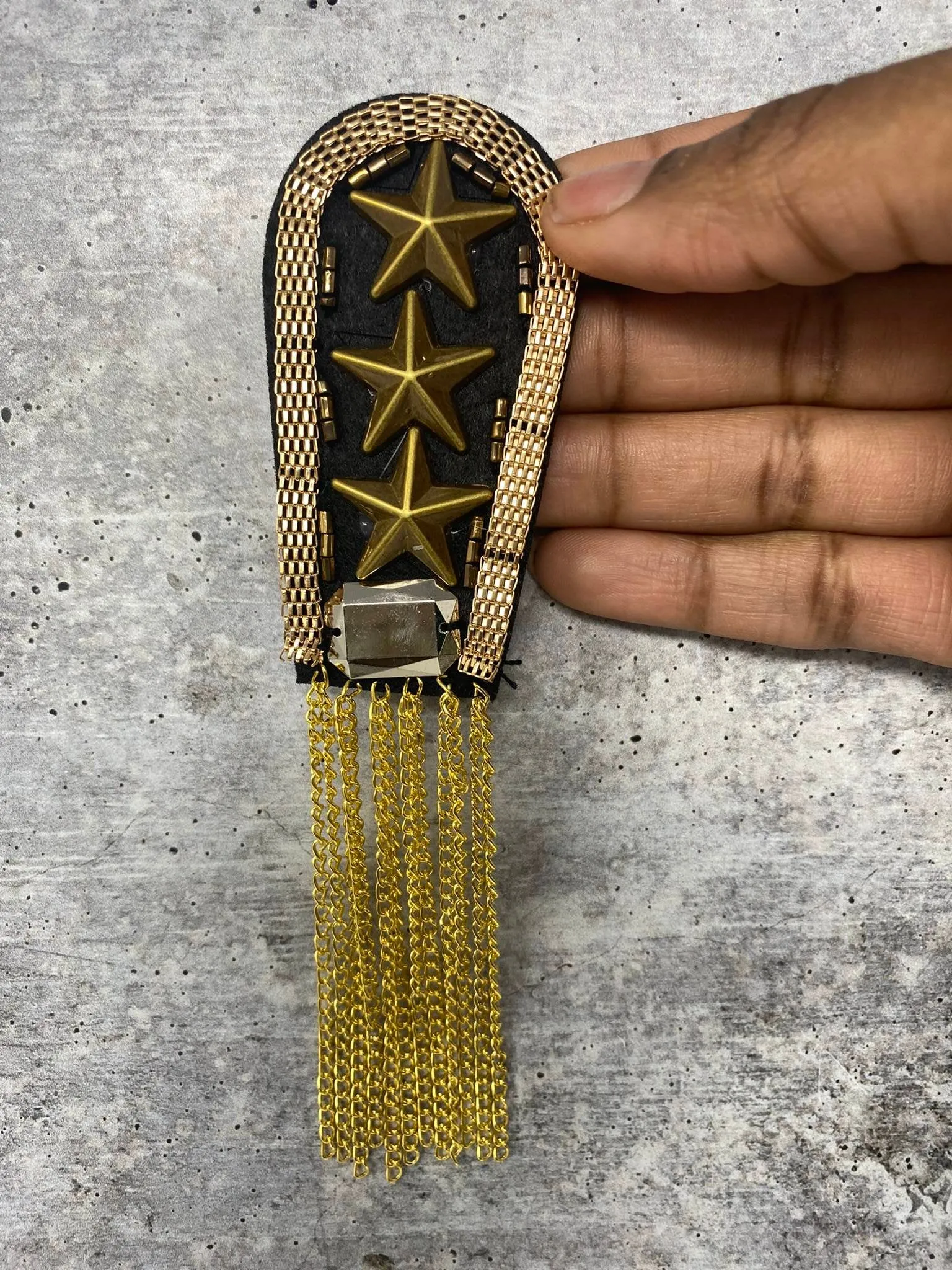 Decorative 3-Star "Gold" Shoulder Brooch Set, Beaded Rivet, and Chain, Designer Epaulette for Blazers, Jackets, & Stylish Accessories