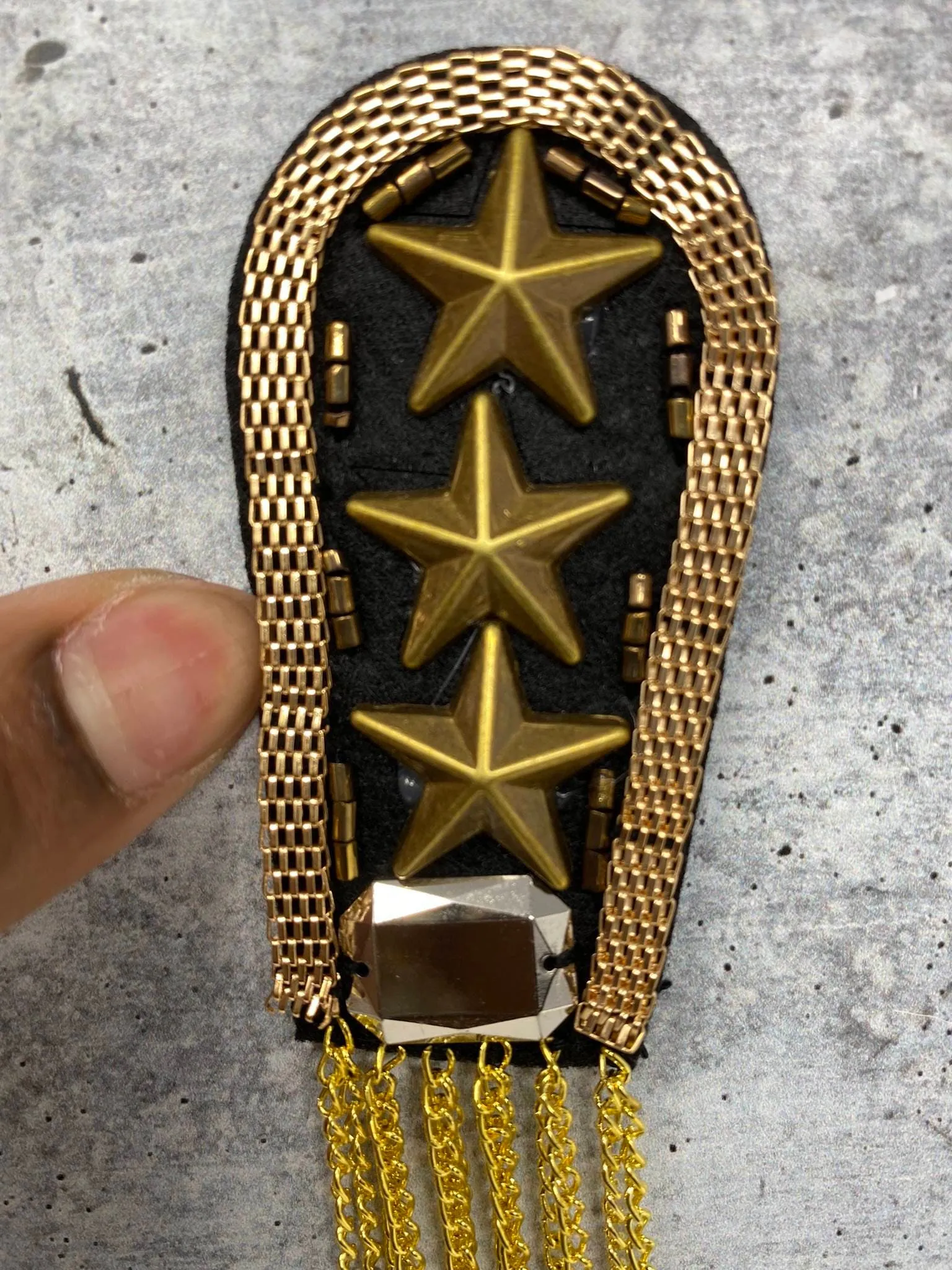 Decorative 3-Star "Gold" Shoulder Brooch Set, Beaded Rivet, and Chain, Designer Epaulette for Blazers, Jackets, & Stylish Accessories