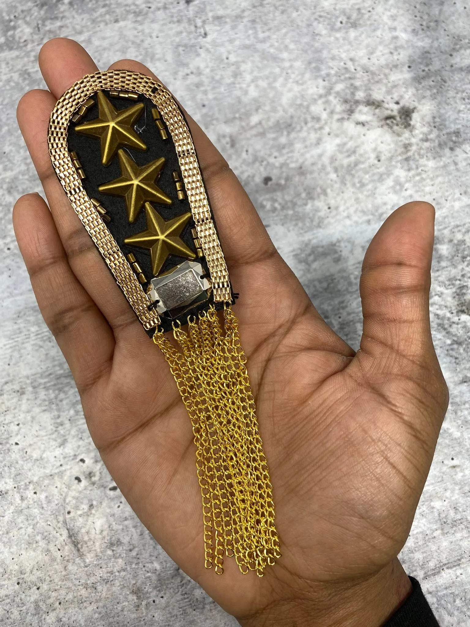 Decorative 3-Star "Gold" Shoulder Brooch Set, Beaded Rivet, and Chain, Designer Epaulette for Blazers, Jackets, & Stylish Accessories