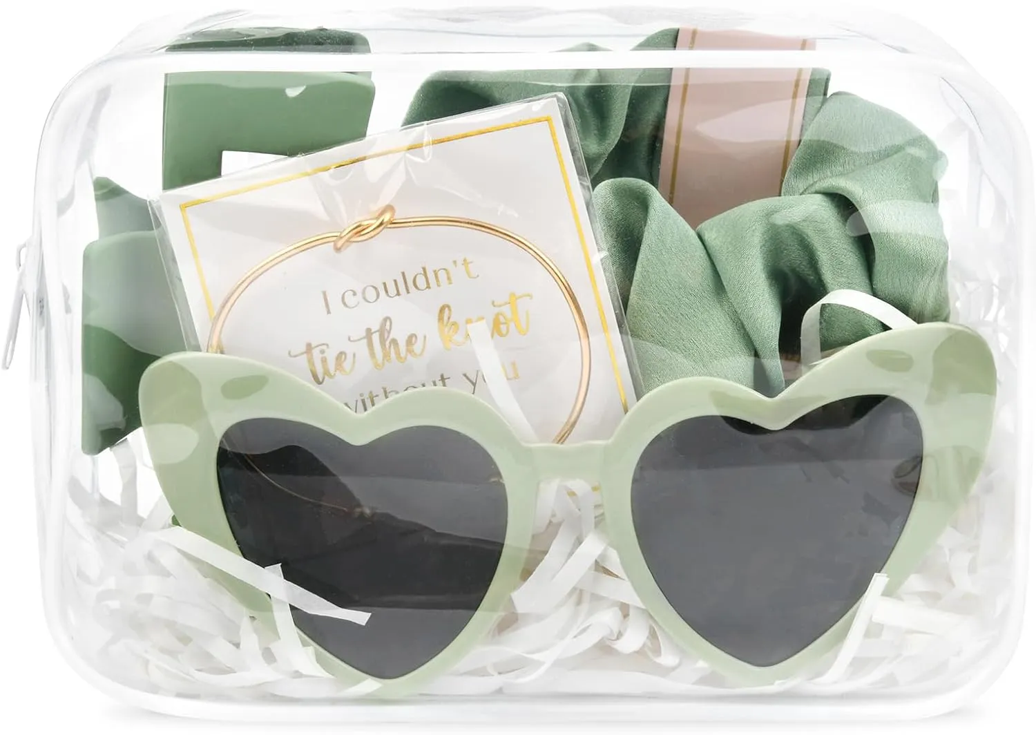 DEEKA 5 Pcs Bridesmaid Proposal Bag Set Gift Clear Makeup Toiletry Bag Bachelorette Party Favors Sunglasses Hair Claw Clips Scrunchies Knot Bracelets Bridal Wedding Party Gifts (Sage Green)
