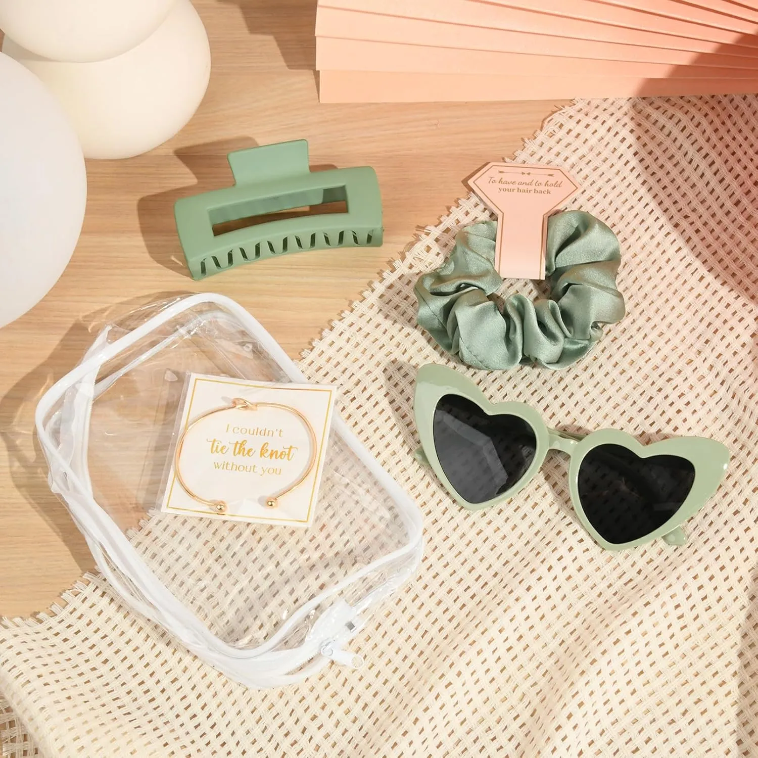 DEEKA 5 Pcs Bridesmaid Proposal Bag Set Gift Clear Makeup Toiletry Bag Bachelorette Party Favors Sunglasses Hair Claw Clips Scrunchies Knot Bracelets Bridal Wedding Party Gifts (Sage Green)