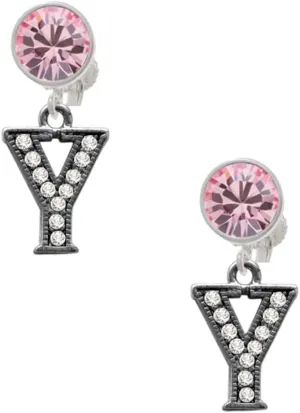 Delight Jewelry Black Nickeltone Crystal Initial - Y - Beaded Border - Large Crystal Clip on Earrings