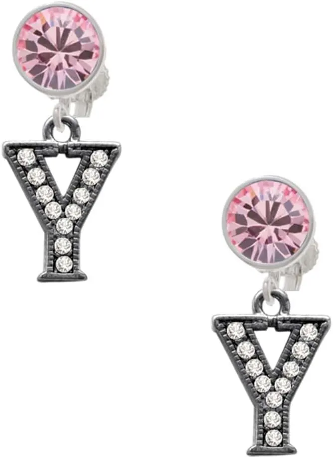 Delight Jewelry Black Nickeltone Crystal Initial - Y - Beaded Border - Large Crystal Clip on Earrings