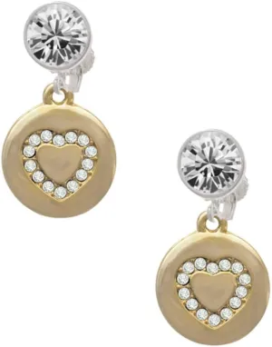 Delight Jewelry Goldtone Disc with Crystal Heart - Large Crystal Clip on Earrings