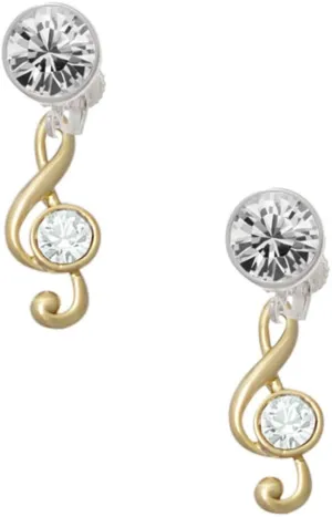 Delight Jewelry Goldtone Medium Clef with Crystal - Large Crystal Clip on Earrings