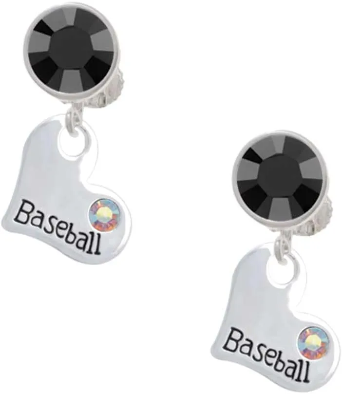 Delight Jewelry Heart with ''Baseball'' and AB Crystal - Large Crystal Clip on Earrings
