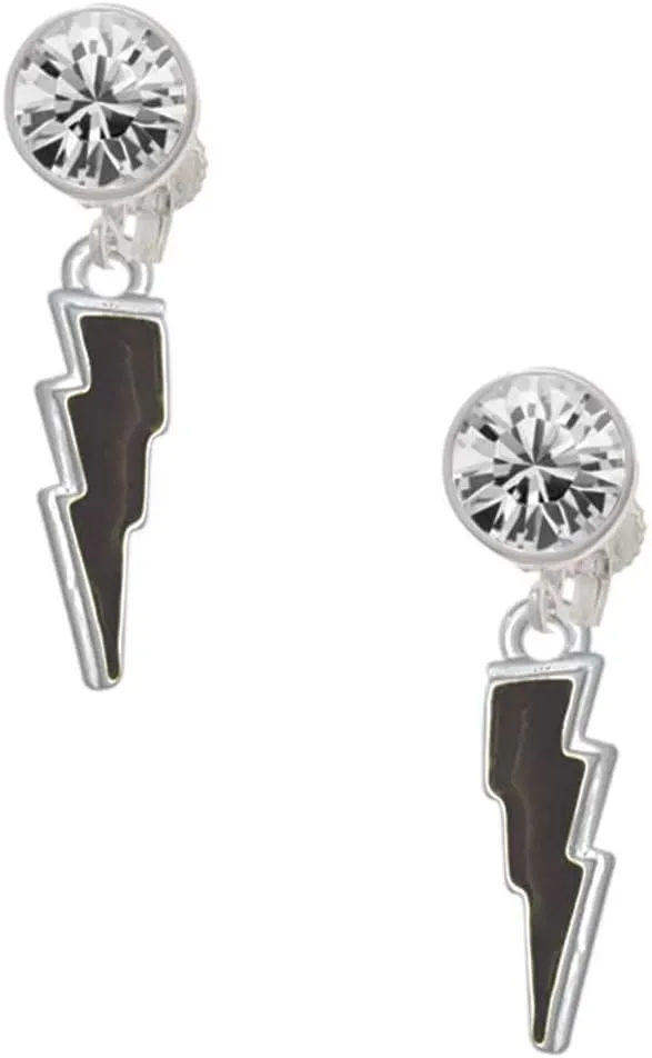 Delight Jewelry Silvertone Black Lightning Bolt - Large Crystal Clip on Earrings