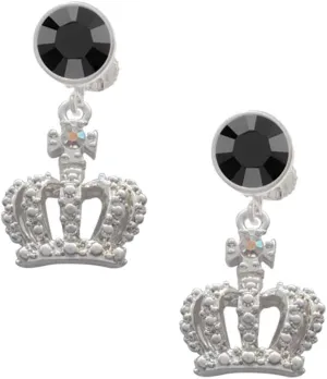 Delight Jewelry Silvertone Crown with AB Crystal - Large Crystal Clip on Earrings