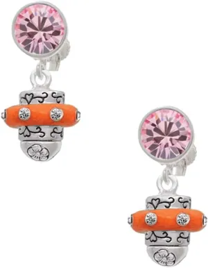 Delight Jewelry Silvertone Crystal Orange Spinner - Large Crystal Clip on Earrings