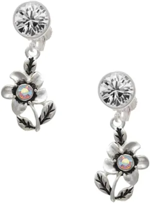 Delight Jewelry Silvertone Flower with AB Crystal - Large Crystal Clip on Earrings