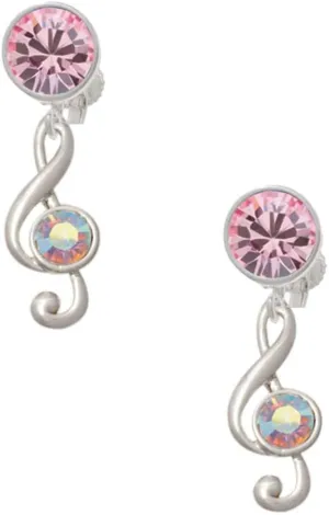 Delight Jewelry Silvertone Medium Clef with AB Crystal - Large Crystal Clip on Earrings