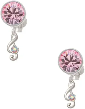 Delight Jewelry Silvertone Mini Clef with AB Crystal - Large Crystal Clip on Earrings