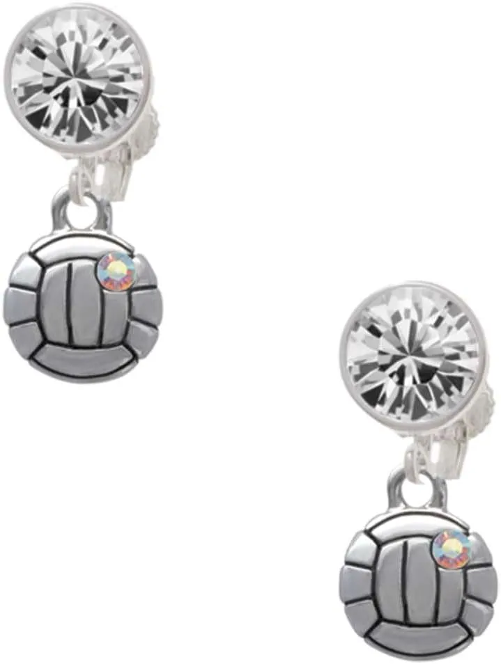 Delight Jewelry Silvertone Mini Volleyball/Water polo - Large Crystal Clip on Earrings