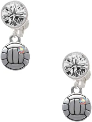 Delight Jewelry Silvertone Mini Volleyball/Water polo - Large Crystal Clip on Earrings