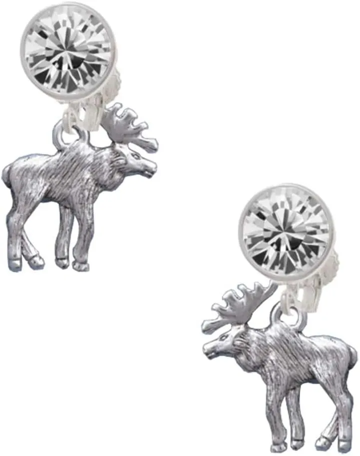 Delight Jewelry Silvertone Moose - Large Crystal Clip on Earrings