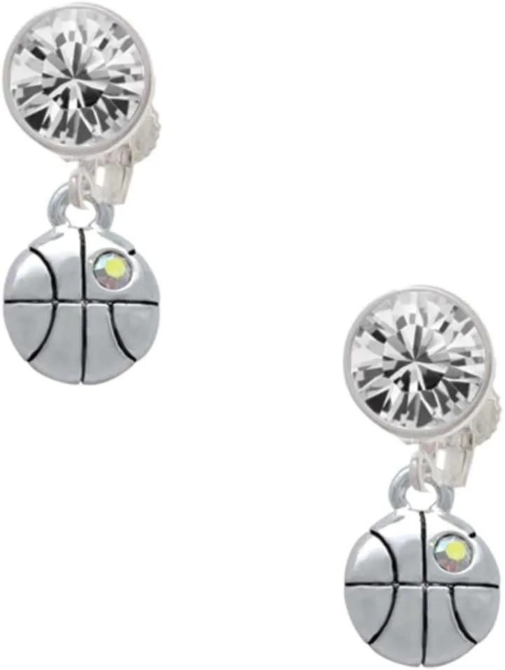 Delight Jewelry Silvertone Small Basketball with a AB Crystal - Large Crystal Clip on Earrings