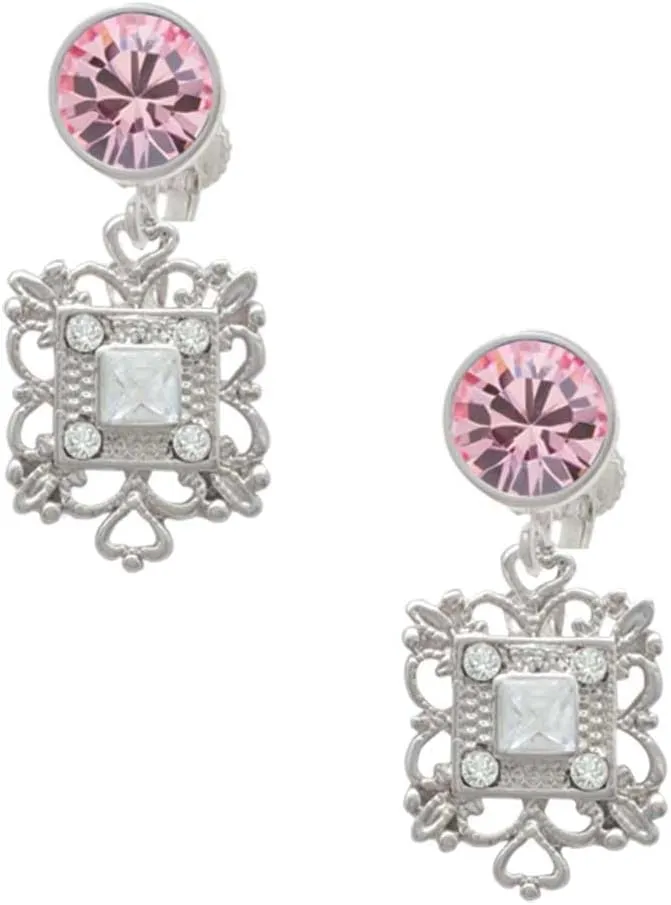 Delight Jewelry Silvertone Square AB Crystal with Filigree - Large Crystal Clip on Earrings