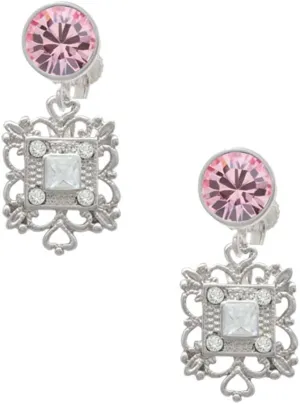 Delight Jewelry Silvertone Square AB Crystal with Filigree - Large Crystal Clip on Earrings