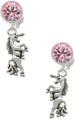 Delight Jewelry Silvertone Unicorn - Large Crystal Clip on Earrings