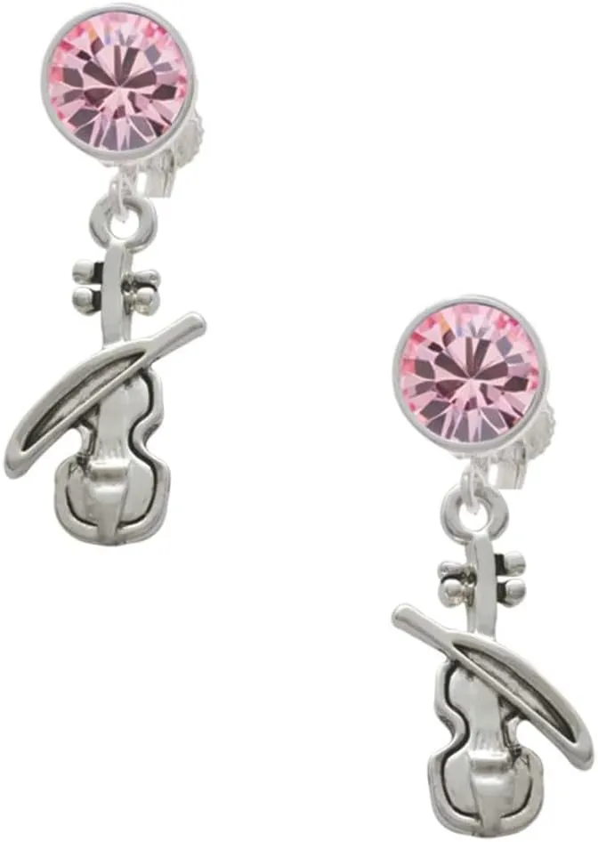 Delight Jewelry Silvertone Violin - Large Crystal Clip on Earrings