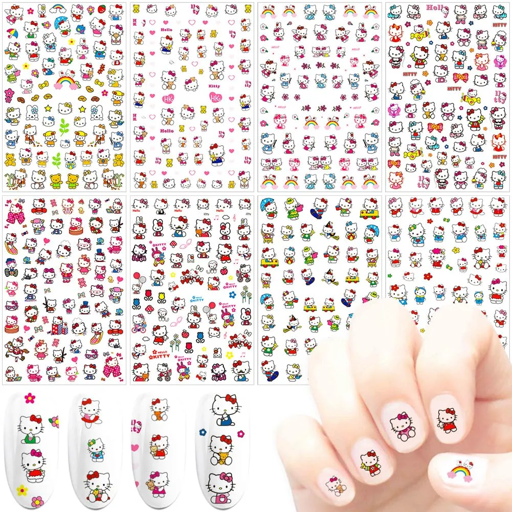 DIBESTS Cute Cartoon Nail Stickers 3D Self-Adhesive Decals Art Supplies Kawaii Cat Design for Women Kids Girls Manicure Gifts Decoration Accessories (2 Sheets 150  Decals) 2 Count (Pack of 1)