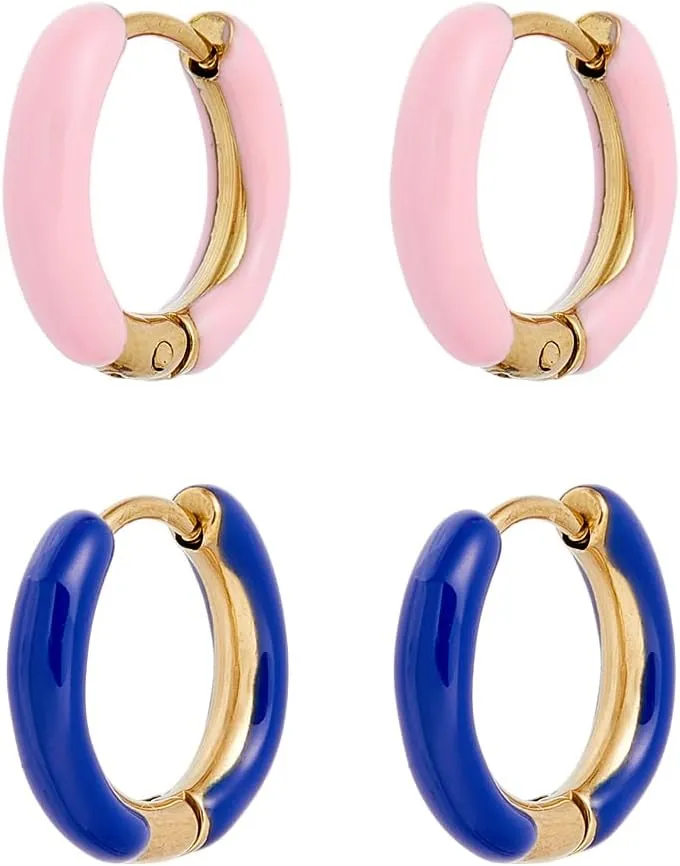 DICOSMETIC 2 Pairs Huggie Hoop Earrings 2 Colors Small Enamel Hoop Earrings 15-16mm Stainless Steel Huggie Hoop Earring Cute Statement Earrings Round Hoop Earrings for Women Jewelry