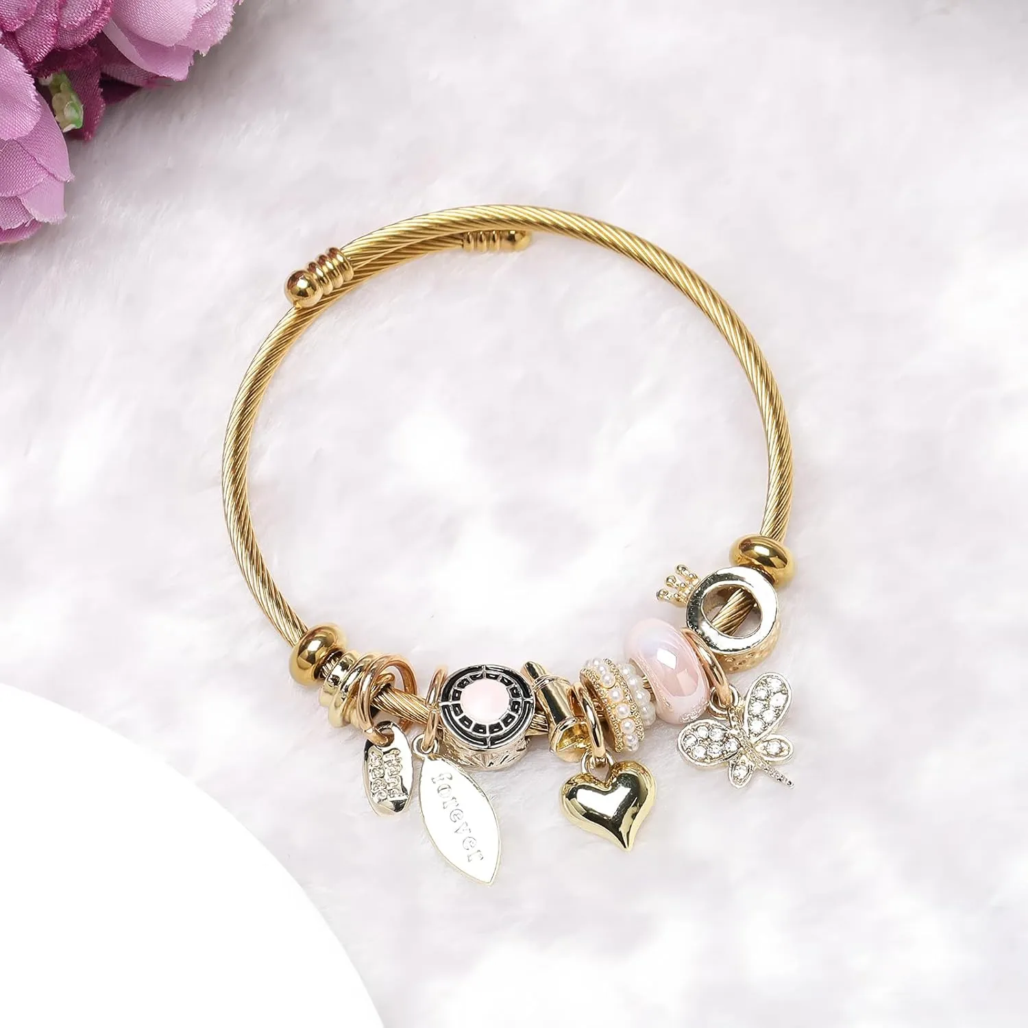 DS Charm Bracelets for girls,exquisite cute cartoon gold friendship bracelets Stainless Steel Bangle with birthday Gift box, Adjustable girls jewelry Suitable for holiday gifts