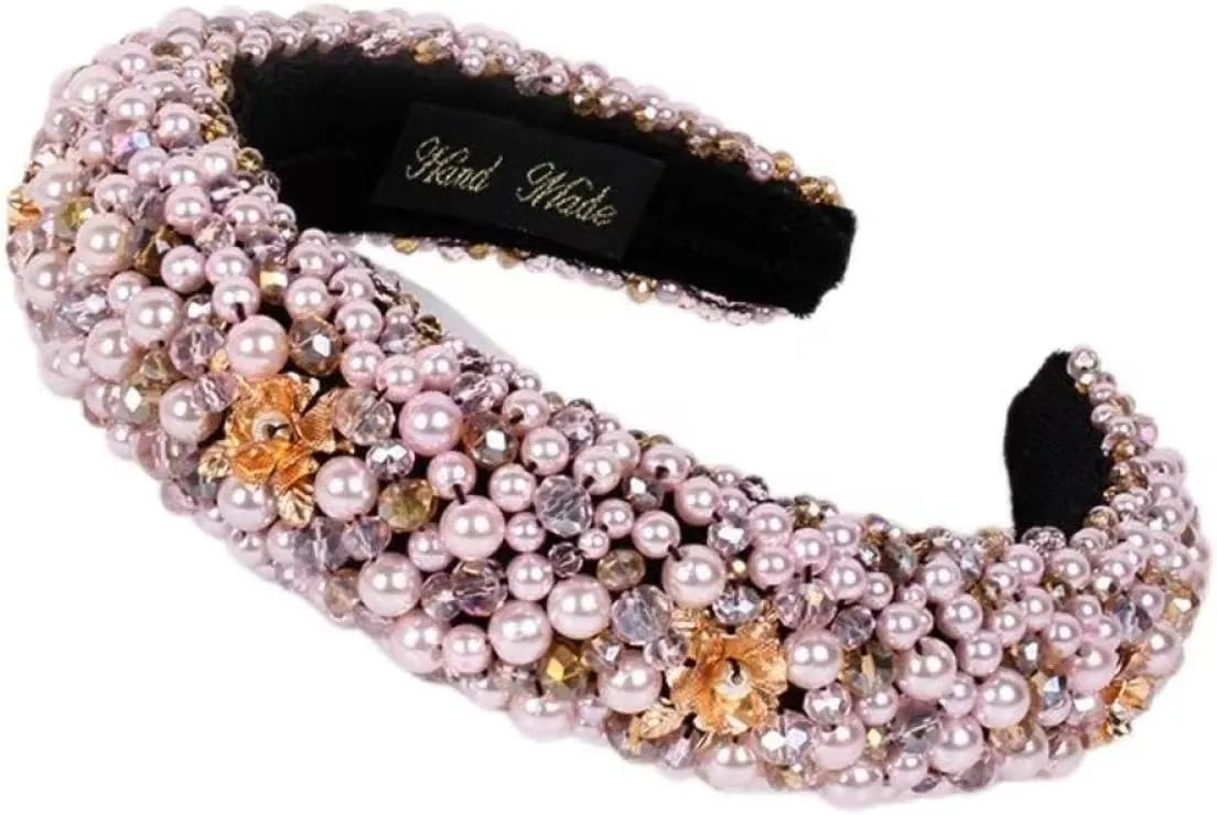 DULAI Heavy Industry Crystal Bead Headband Female Retro Baroque Headband Thick Sponge Wide Edge Hair Clip Hair Accessories, Pink Pearls
