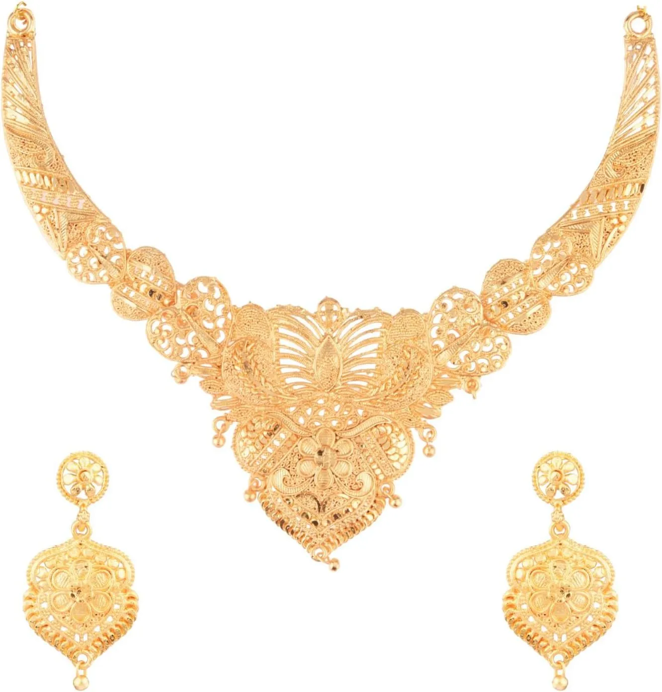 Efulgenz Gold Tone Indian Jewelry Sets for Women - Dubai Style Floral Heart Shape Choker Necklace & Dangle Earrings - Bridal & Wedding Fashion Jewelry