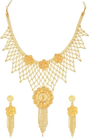Efulgenz Gold Tone Indian Jewelry Sets for Women Dubai Style Necklace Set Floral Ball Chain Tassel Necklace Earrings Indian Bridal Jewelry for Wedding Fashion Jewelry